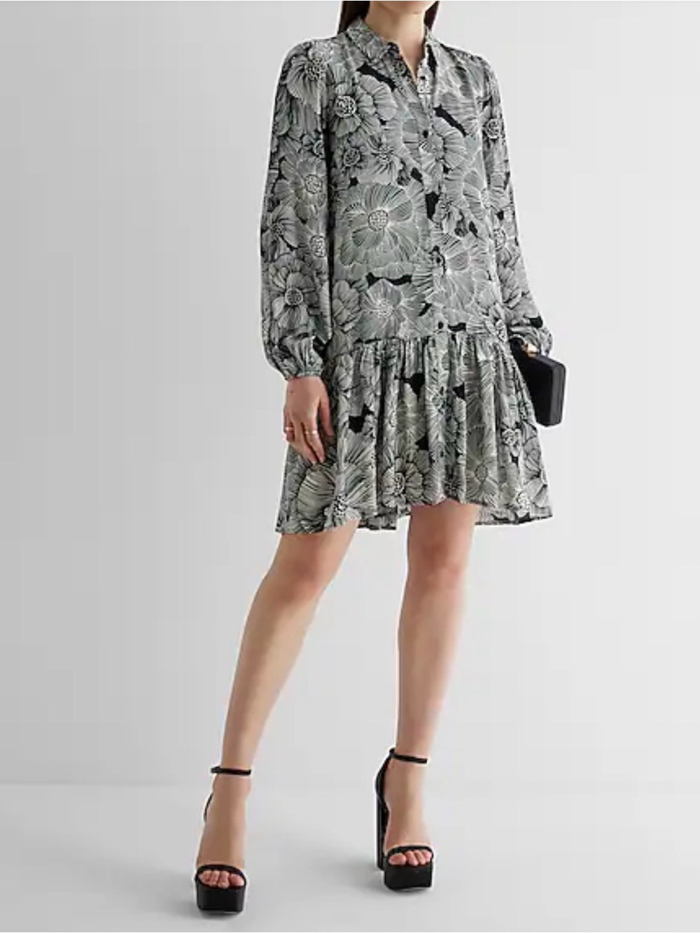 Floral Print Long-Sleeve Drop-Waist Mini Dress - Black & White